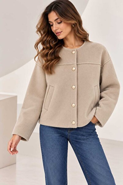 Benedetto New Season Premium Quality Women's Crew Neck Jacket with Snap Pockets