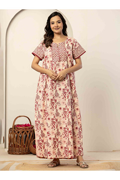 NIHSAMAH By Styli Pink Floral Cotton Relaxed Fit Nightdress