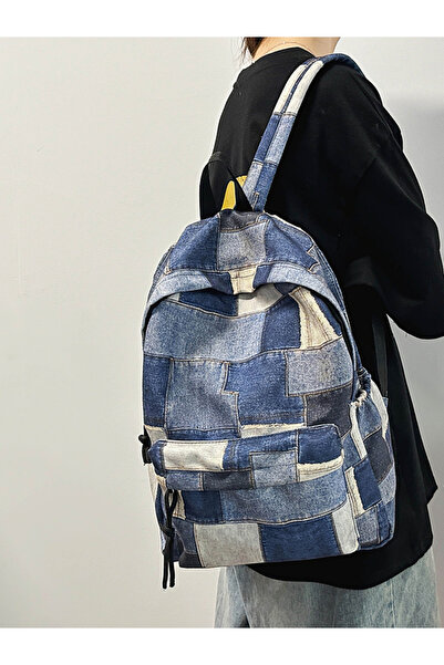 Take Two By Styli Blue Denim Patchwork Backpack
