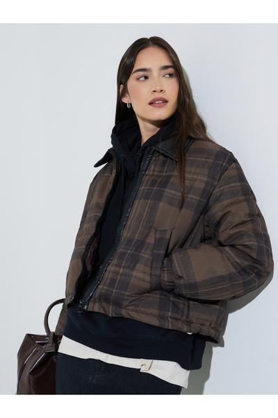 Styli Brown Checked Regular Fit Padded Jacket
