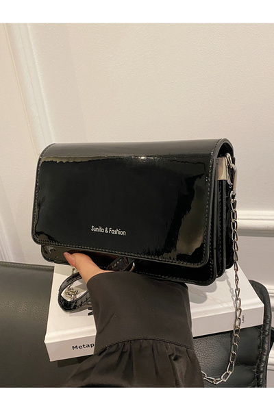 Take Two By Styli Black Patent Sling Bag with Chain