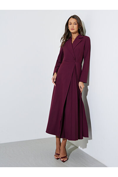 Styli Burgundy Solid Collared Blazer Maxi Dress with Pleated Details