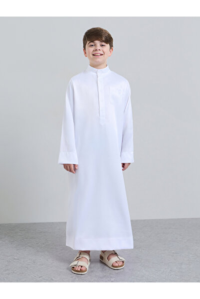 Amirah By Styli Teen Boys Off White Solid Band Collar Full Length Thobe
