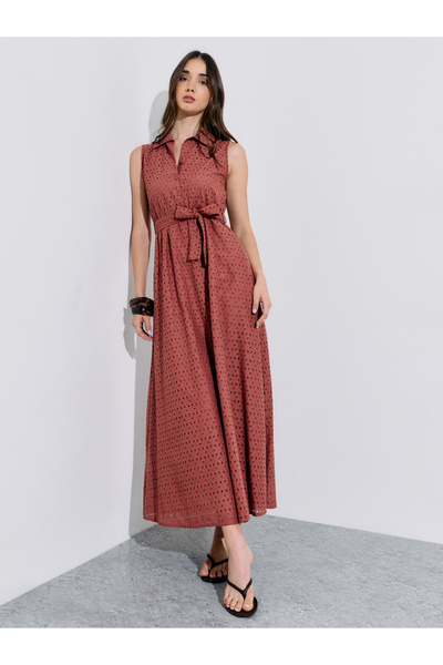 Styli Brown Schiffli Sleeveless Shirt Maxi Dress
