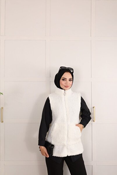 REMA BUTİK Women's Zero Sleeve Zippered Teddy Vest