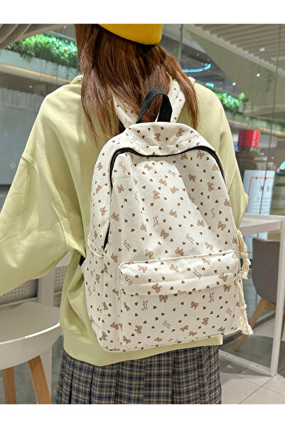 Take Two By Styli White Corduroy Backpack with Bow Design