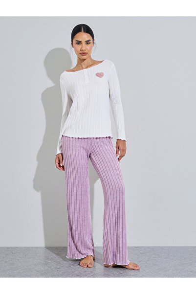 Styli Pink Ribbed Heart Print Boat Neck Top and Solid Pants Pyjama Set