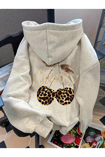 Revasser Kadın LEOPAR CHERRY Renkli Özel Baskılı Pamuklu Oversize Kapüşonlu S...