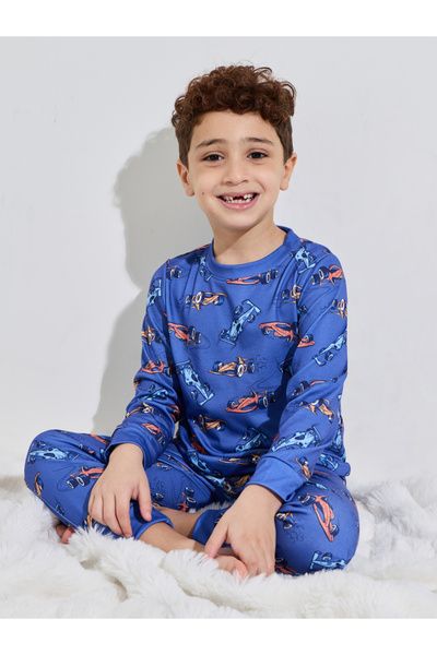 Styli Boys Blue All Over Print Regular Fit T-Shirt and Cuffed Hem Pants Pyjam...