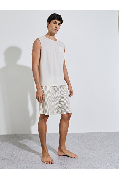 Styli Cream Pocket Detail Tank Top and Striped Shorts Pyjama Set