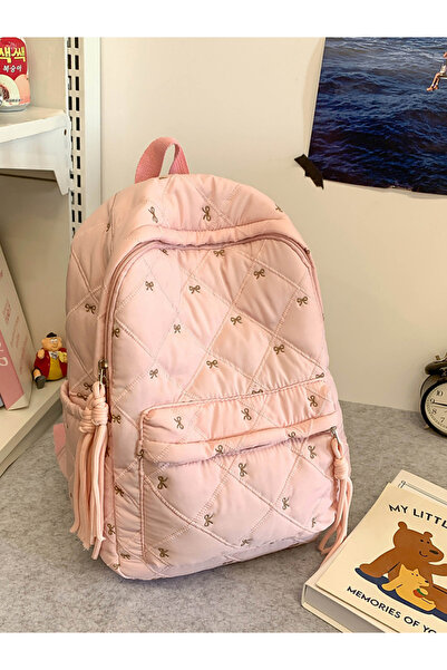 Take Two By Styli Pink Quilted Backpack with Bow Details