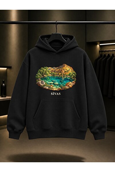 fame-stoned Sivas Gökpınar Lake Printed Unisex 100% Cotton Hooded Sweatshirt
