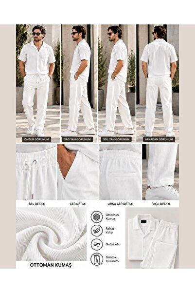 Erkek Beyaz Ottoman Kumaş Jogger Pantolon – Rahat Kalıp Beli Lastikli Bağcıklı Günlük Pantolon