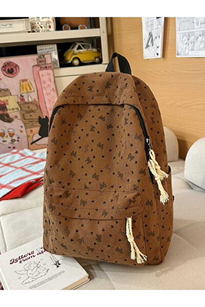 Take Two By Styli Coffee Brown Corduroy Backpack with Heart and Bowtie Print
