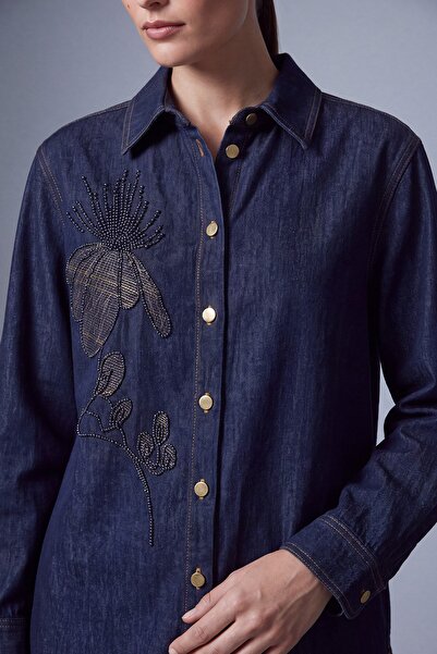 Puane Çiçek Nakışlı Denim Gömlek Lacivert 10806