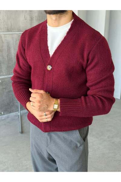 FO4RBS Buttoned Knitted V-Neck Cardigan m - Bordo