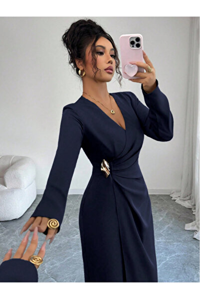 Take Two By Styli Navy Blue Embellished A-Line Maxi Dress with Long Sleeves