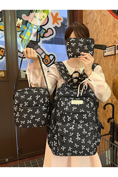 Take Two By Styli Pack of 3 - Black Bow Print Backpack, Crossbody and Pouch