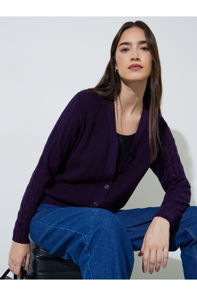 Styli Purple Solid Button-Down Regular Fit Cardigan