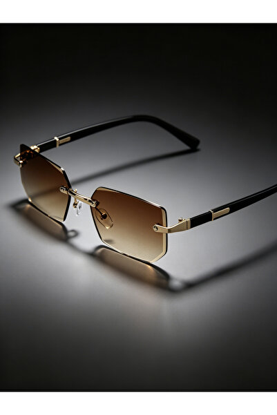 Take Two By Styli Black Rectangle Rimless Sunglasses with Brown Gradient Lenses