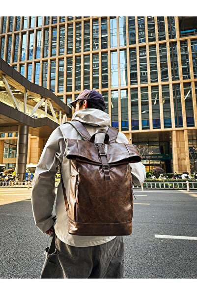 Take Two By Styli Coffee Brown PU Leather RollTop Backpack