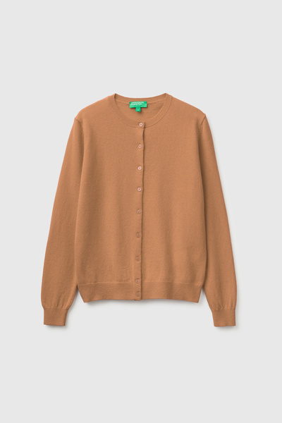United Colors of Benetton Women's Tan 100% Merino Crew Neck Cardigan