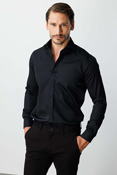 İgs Siyah Slim Fit Dar Kalıp Klasik Yaka Düz Uzun Kollu Cepsiz %100 Pamuk Non...