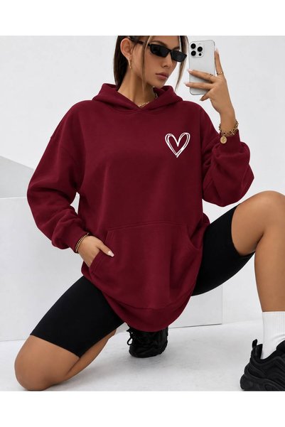 HAI COLLECTİON Women's Sweatshirt 3 Thread Heart Printed Oversize Hoodie with...