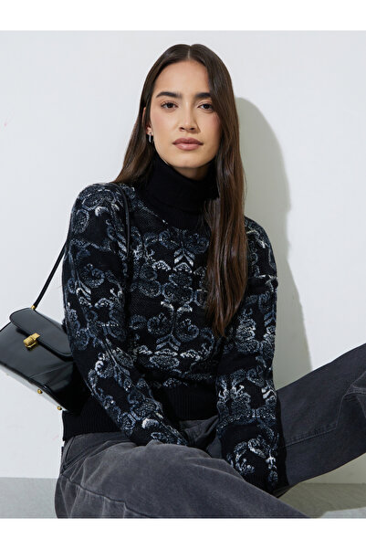 Styli Black Floral Jacquard Turtle Neck Regular Fit Sweater