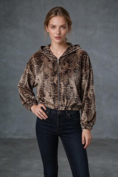 OEM Jacheta casual de dama, de tranzitie cu imprimeu animal print, fermoar fr...