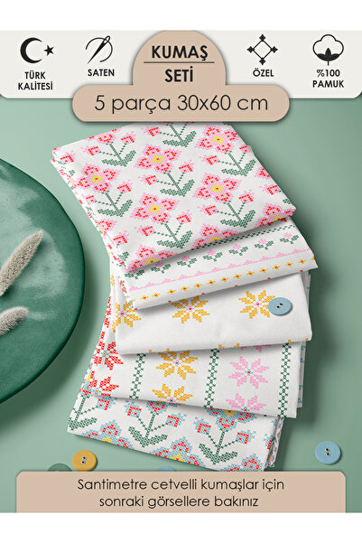 FabricMarket %100 Pamuk Kumaş Panel Seti 5 Farklı Desen 30x60 cm – Kanaviçe N...