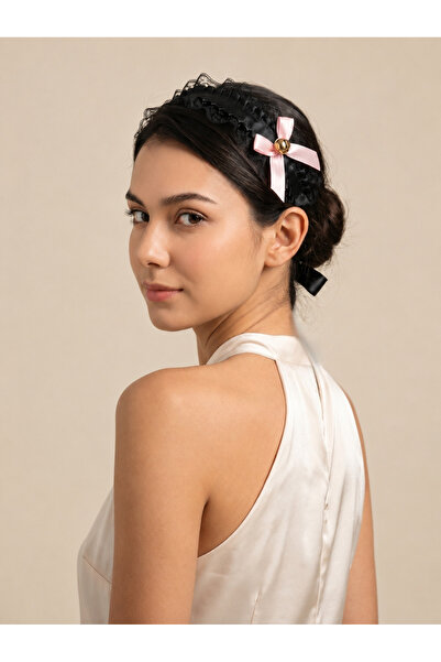 Take Two By Styli Black Lace Headband with Pink Bow Accent