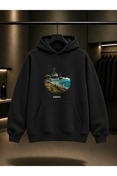 fame-stoned Ordu Boztepe Teleferik Printed Unisex 100% Cotton Hooded Sweatshirt