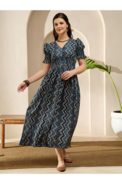 Globus By Styli Navy Blue Geometric Print Smocked Maxi Dress with Puff Sleeves