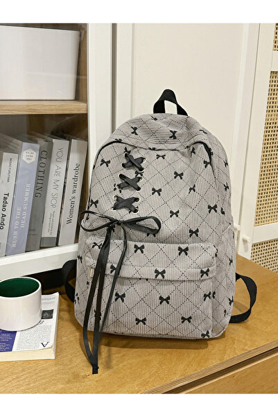 Take Two By Styli Grey Corduroy Backpack with Bow Accent