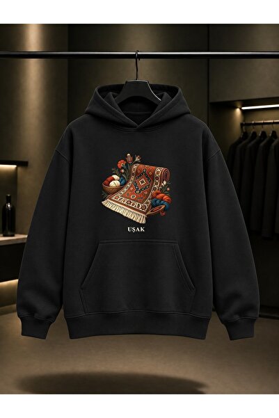 fame-stoned Uşak Halısı Printed Unisex 100% Cotton Hooded Sweatshirt