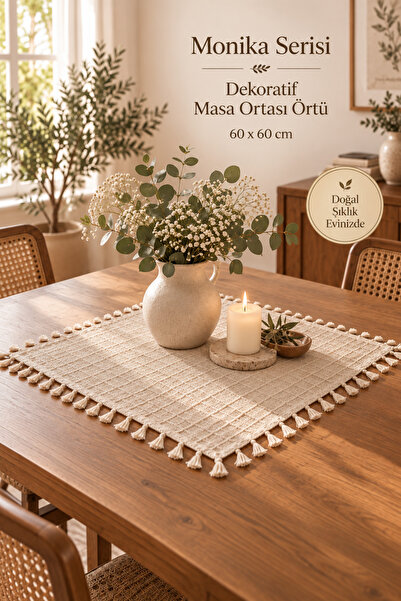 Morlay Pamuklu Monika Masa Ortası Örtüsü 60x60 cm – 4 Tarafı Püsküllü Kare De...
