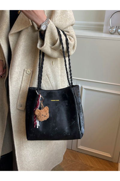 Take Two By Styli Black Shoulder Bag with Cute Bear Charm