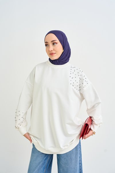LOCCO Women's Stone and Pearl Detailed Sweatshirt Ecru