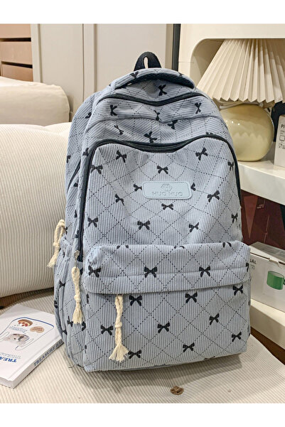 Take Two By Styli Blue Corduroy Backpack with Bowknot Design