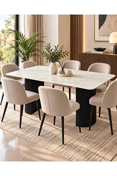 TrentonGCC طاولة طعام عصرية 140×80×75 سم - طاولة رخامية أنيقة بأرجل مضلعة أنيقة