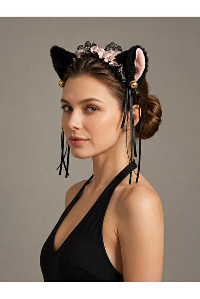 Take Two By Styli Black Satin Scrunchie with Cat Ears and Lace Detail