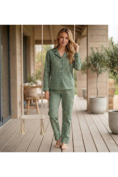 Pijamoni Women's Suede Fabric Front Buttoned Long Sleeve Pajama Set