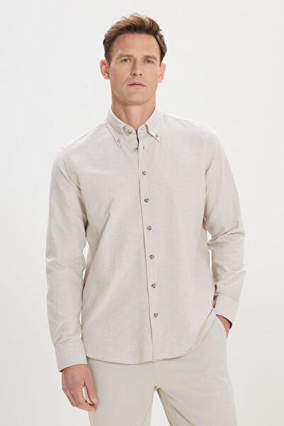 ALTINYILDIZ CLASSICS Men's Beige Slim Fit Button-Down Collar Cotton Oxford Shirt