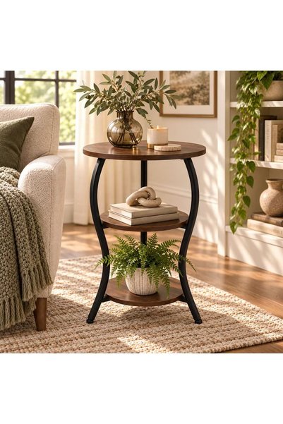 Generic Brand Modern 3-tier round side table featuring storage shelves and a sturdy black metal frame base; a robust, load-bearing modern coffee table suitable for living rooms, bedrooms, and small spaces.