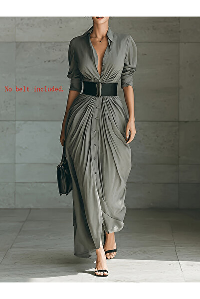 Take Two By Styli Grey Solid Long Sleeves Maxi Shirt Dress