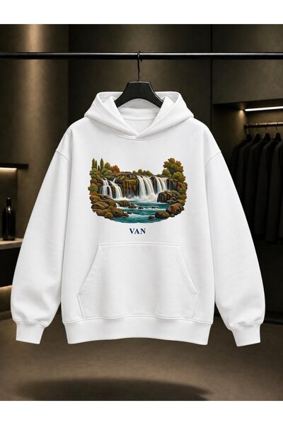 fame-stoned Van Muradiye Waterfall Printed Unisex 100% Cotton Hooded Sweatshirt
