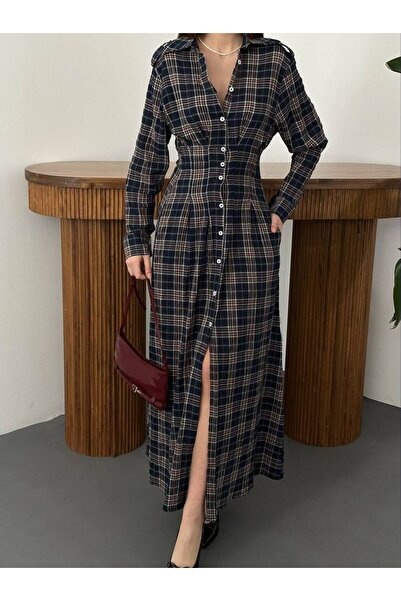 Moodel 100% Cotton Pocketed Plaid Long Shirt Dress