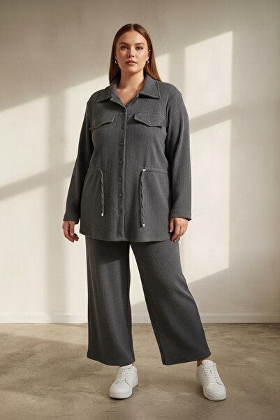 RMG Waist-Tied, Stretchy, Crinkled Fabric, Large Size Top-Bottom Set, Smoked.
