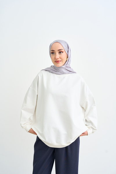 LOCCO Kadın Bisiklet Yaka Oversize Sweatshirt Ekru